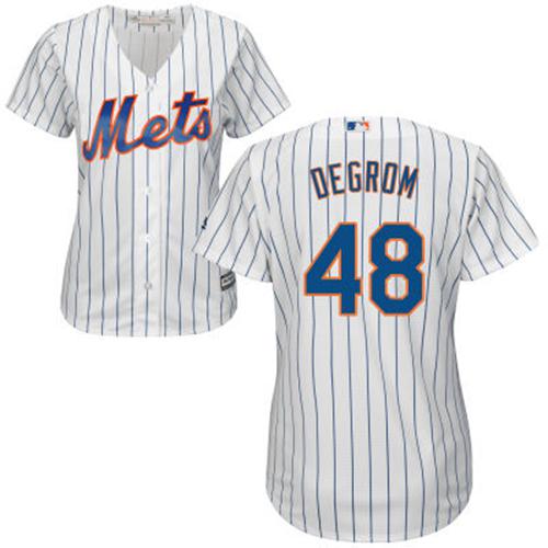 Mets #48 Jacob deGrom White(Blue Strip) Home Women's Stitched MLB Jersey